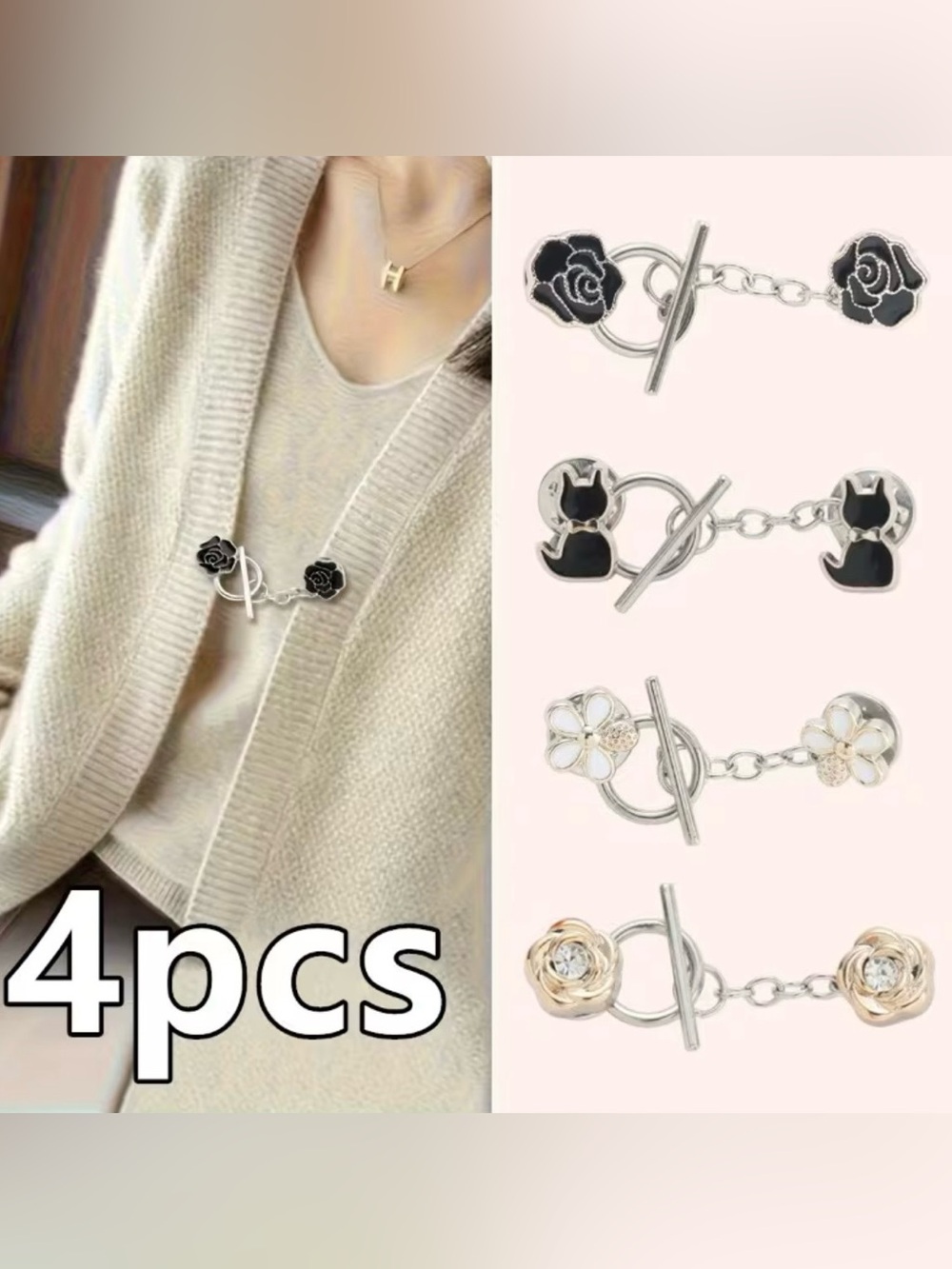 Set of 4 Flower and Cat Decorative Sweater Buckle Clips - Picture 6 of 7